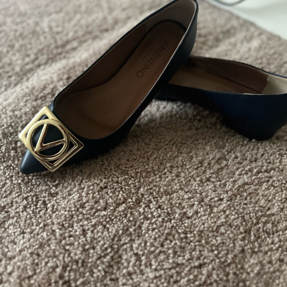 Valentino Navy Blue and Gold Flats with Elegant Design
